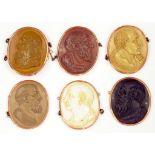 SIX SIMILAR 19TH CENTURY LAVA CAMEOS CARVED WITH THE HEADS OF PHILOSOPHERS, MOUNTED IN GOLD, 19TH