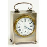 A GEORGE V SILVER MINIATURE CLOCK, THE LEVER TIMEPIECE WITH ENAMEL DIAL, BIRMINGHAM 1915