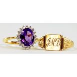 AN AMETHYST AND DIAMOND CLUSTER RING IN 18CT GOLD AND A 9CT GOLD SIGNET RING, 4.3G GROSS