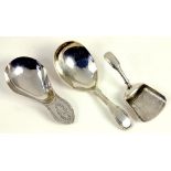 A GEORGE IV SILVER CADDY SPOON, BIRMINGHAM 1820, ANOTHER WITH ENGRAVED HANDLE, SHEFFIELD 1792 AND