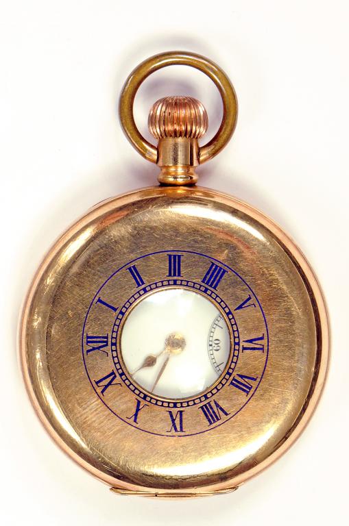 A GOLD PLATED KEYLESS LEVER HALF HUNTING CASED WATCH