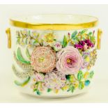 A JOHN BEVINGTON FLORAL ENCRUSTED CACHE POT, WITH GILT RING HANDLES AND RIM, CIRCA 1875