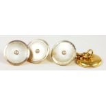 A PAIR OF GOLD, PLATINUM, MOTHER OF PEARL AND SPLIT PEARL CUFFLINKS, MARKED 18CT PLATINUM, 5.5G