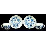 TWO MEISSEN ONION PATTERN TEACUPS AND SAUCERS, CANCELLED CROSSED SWORDS (ONE SAUCER BROKEN AND
