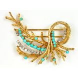 A DIAMOND, TURQUOISE AND GOLD SPRAY BROOCH, 21.2G GROSS