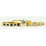 TWO DIAMOND RINGS IN GOLD, MARKED 18CT OR 750 AND A SAPPHIRE AND DIAMOND RING IN GOLD, MARKED 14K,