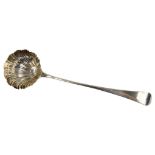 A GEORGE II/III SILVER SOUP LADLE WITH SHELL BOWL, LONDON, DATE LETTER INDISTINCT, CIRCA 1760,