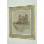 A coloured print of Wells Cathedral by C