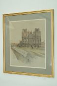 A coloured print of Wells Cathedral by C