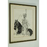 A framed pen and ink drawing of a milita