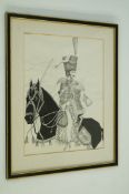 A framed pen and ink drawing of a milita