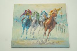 Oil on canvas of abstract horses racing