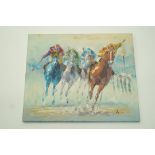 Oil on canvas of abstract horses racing