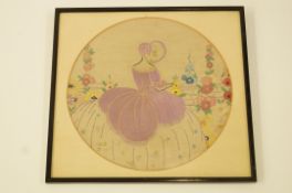 An embroidery of a crinoline lady