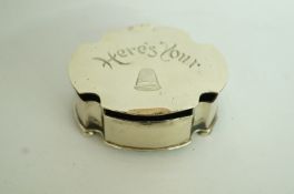 A silver plated needle box, the cover in