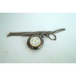 A lady's silver fob watch, the circular white and yellow enamel dial with black Roman numerals and