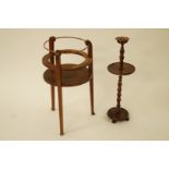 An oak and brass jardinere stand, H 73.5cm W 39.5cm and an oak and brass ash tray on stand H 74cm