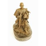 A 20th century cast metal figure of a Samurai with bronze patination, on black marble base, H 18cm