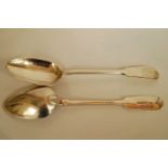 A pair of Victorian Exeter silver tablespoons, Edwin Sweet, 1852, fiddle pattern, monogrammed, 23