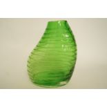 A Whitefriars green glass vase etched with horizontal bands, H 15cm