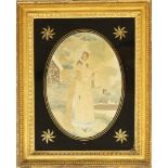 An early 19th century silk work picture of a lady in a landscape in verre eglomise glass and gilt