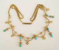 An Edwardian gold, pearl and turquoise necklace, stamped '15ct',