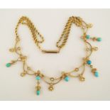 An Edwardian gold, pearl and turquoise necklace, stamped '15ct',