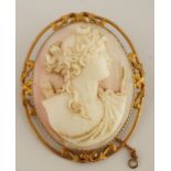 A Victorian conch shell cameo brooch, stamped '9ct', carved as Diana the Huntress in profile,