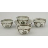 A set of four Chinese porcelain late 18th century tea bowls painted engrise with figures and gilt,