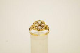A George III gold, pearl and old cut diamond cluster mourning ring,