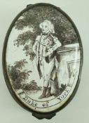 A late 18th century  oval enamel snuff box the cover painted in black with the Duke of York,