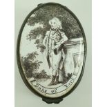 A late 18th century  oval enamel snuff box the cover painted in black with the Duke of York,