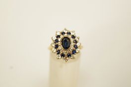 A sapphire and diamond ring, the central oval cut sapphire enclosed by twelve brilliant cuts,