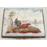 An 18th century rectangular enamel box the cover printed and painted with cattle and a herdsman in