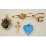 A 9ct gold and enamel heart shaped pendant, a 9ct gold thistle brooch,