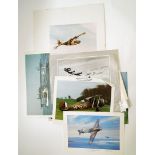 A collection of aircraft memorabilia prints, unframed and some signed,