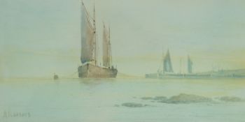 A. I. Lanense
Fishing boats in calm seas
Watercolour
Signed lower left
12.5cm x 24.
