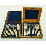 A set of twelve mother of pearl handled dessert knives and forks in satin walnut case with mother