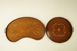 An Edwardian mahogany marquetry tray with two brass handles and raised gallery,