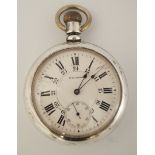 Waltham, a metal open faced pocket watch, the white enamel dial with black Roman numerals,