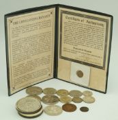 A George VI 1937 crown, and two five pound commemorative coins,