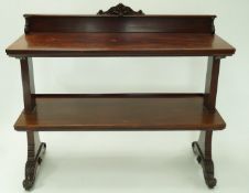 A Victorian mahogany two tier buffet, with carved raised back, legs and casters, 130cm high,