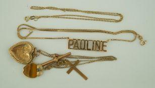 A "Pauline" necklace on a 9 carat gold chain; a tiger eye apple pendant on a chain;