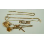 A "Pauline" necklace on a 9 carat gold chain; a tiger eye apple pendant on a chain;