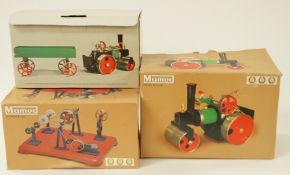 A Mamod steam roller and open wagon, and workshop WSI,
