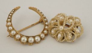 A 9ct gold and cultured pearl crescent brooch;