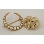 A 9ct gold and cultured pearl crescent brooch;