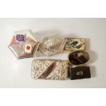 A German silver coloured box; a plated vesta case; a horn snuff box; a brass and enamel vesta;