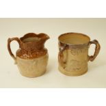 A late 19th century stoneware tyg with two greyhound handles,