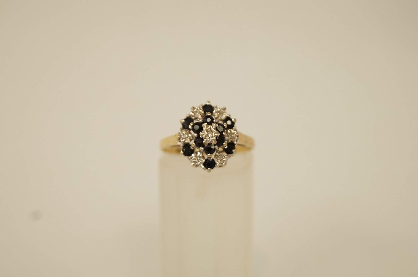 A diamond and sapphire 9 ct gold cluster ring, finger size N, 2. - Image 2 of 2